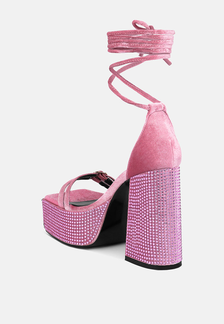 women high platform diamante lace up sandals#color_pink