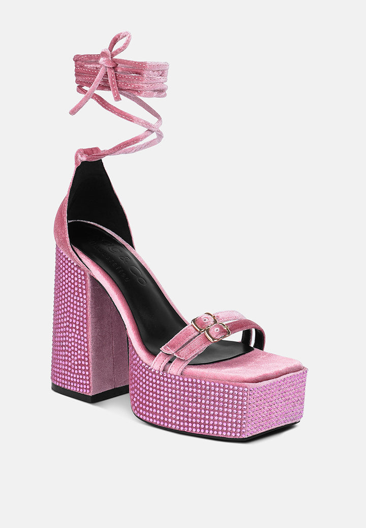 women high platform diamante lace up sandals#color_pink