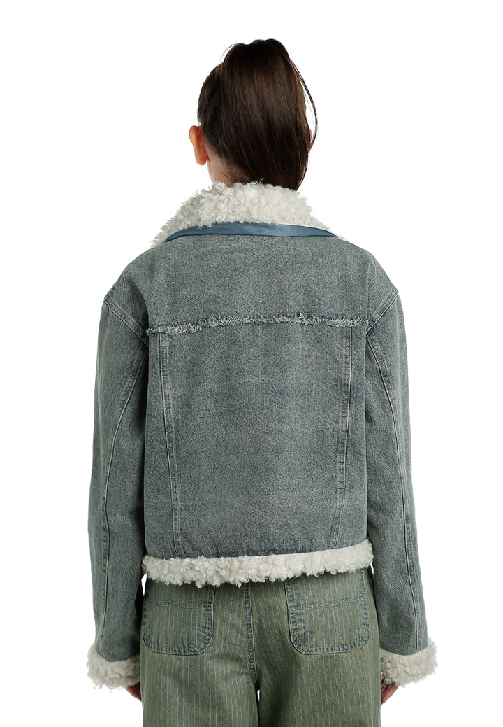 Faux Fur Trim Denim Jacket in Blue