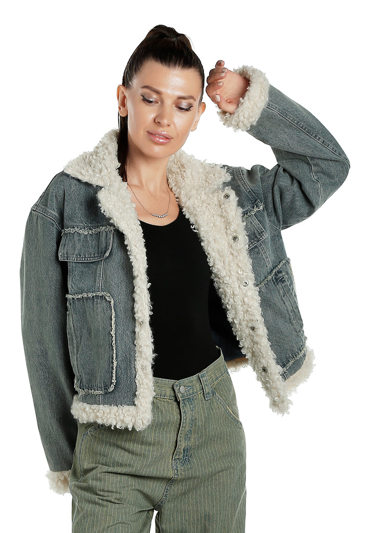 Faux Fur Trim Denim Jacket in Blue