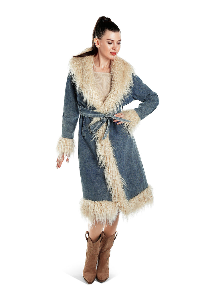 Faux Fur Trim Denim Trench Coat