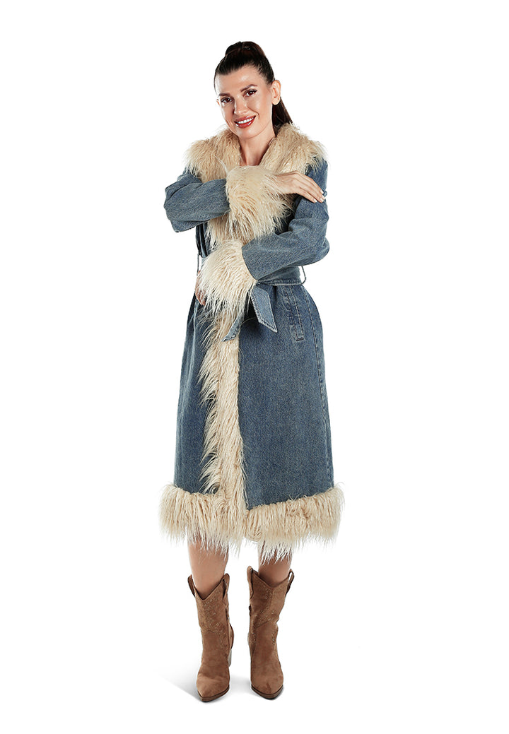 Faux Fur Trim Denim Trench Coat