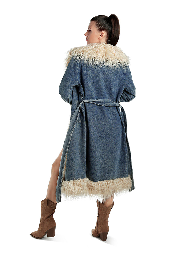 Faux Fur Trim Denim Trench Coat