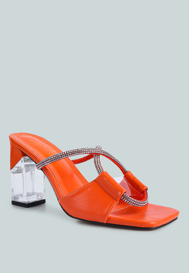 women crystal loop mid heel sandals#color_orange