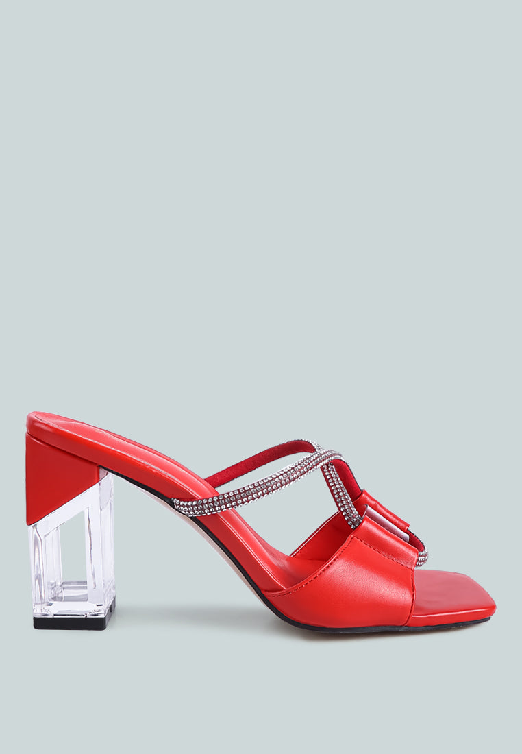 women crystal loop mid heel sandals#color_red