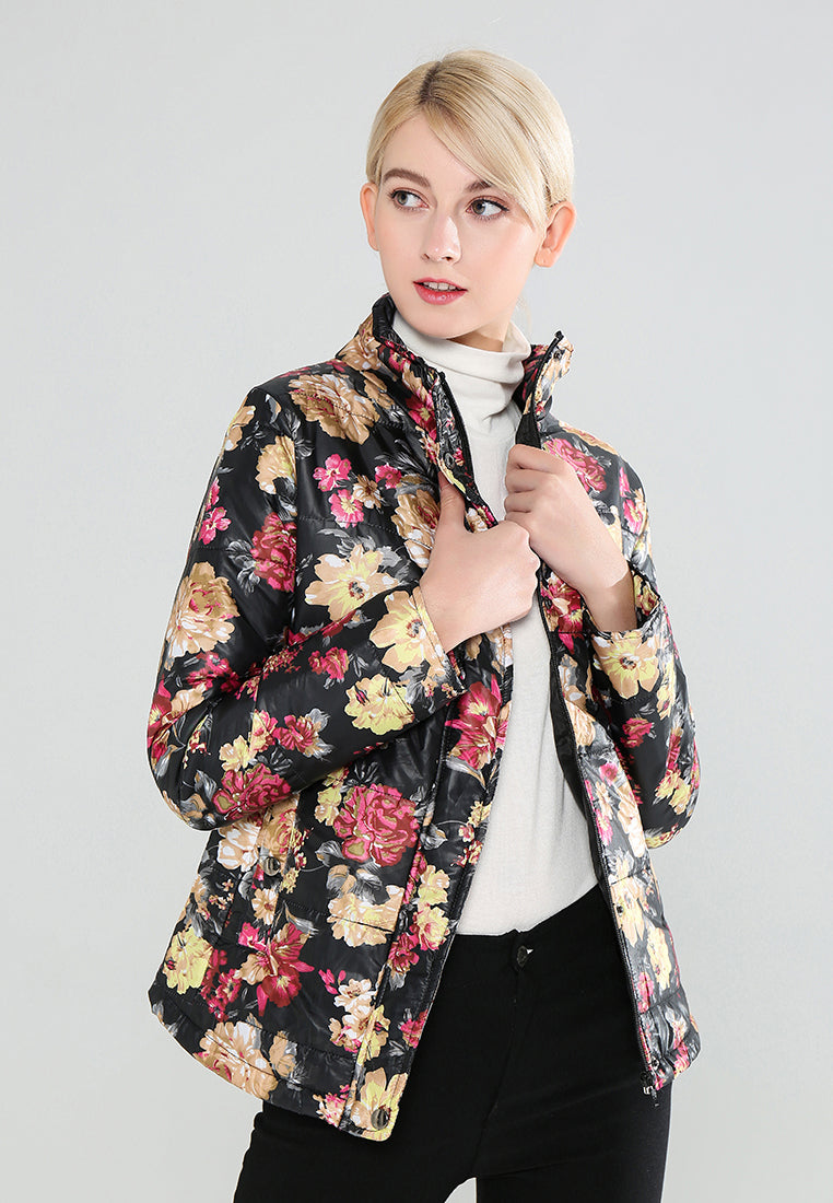 floral print high neck puffer jacket#color_black-floral