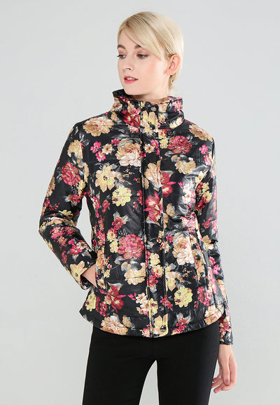 Black Floral Print High Neck Puffer Jacket