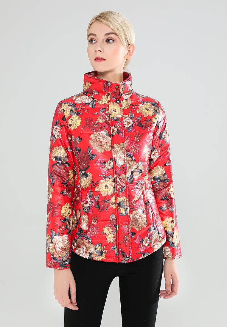floral print high neck puffer jacket#color_red