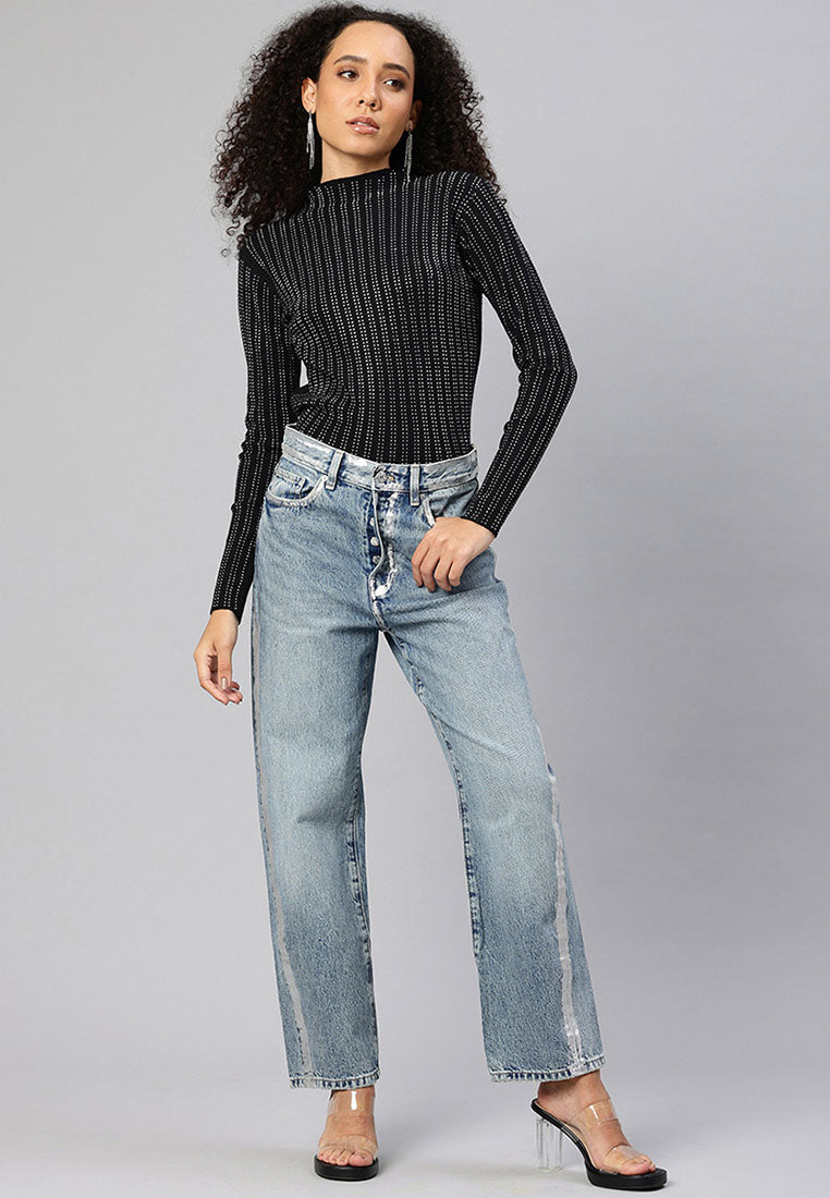 Women Full Sleeves Sequin High Neck Top