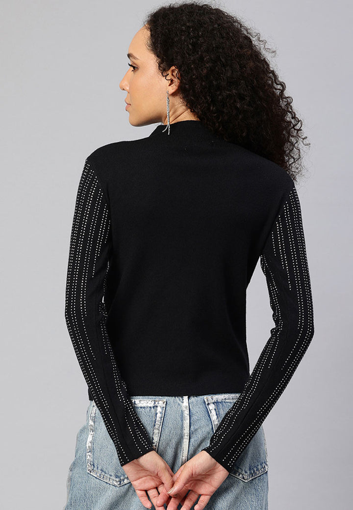 Women Full Sleeves Sequin High Neck Top