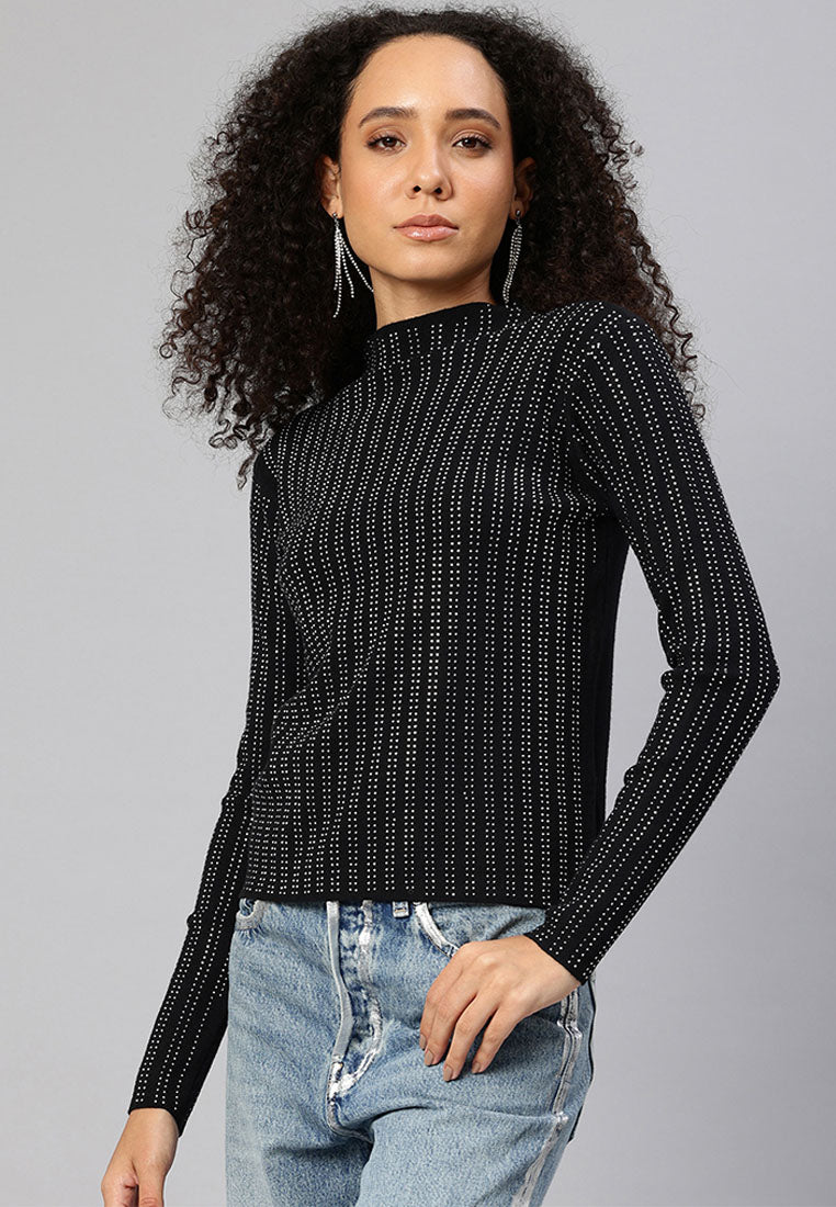 Women Full Sleeves Sequin High Neck Top