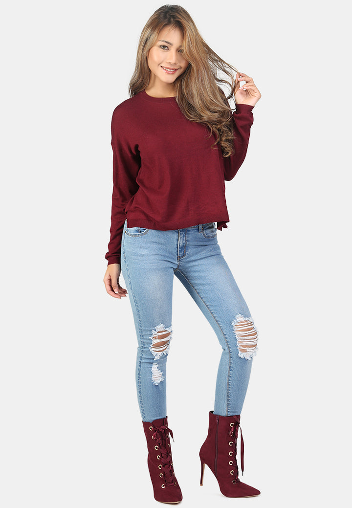 women crew neck knit sweater#color_burgundy