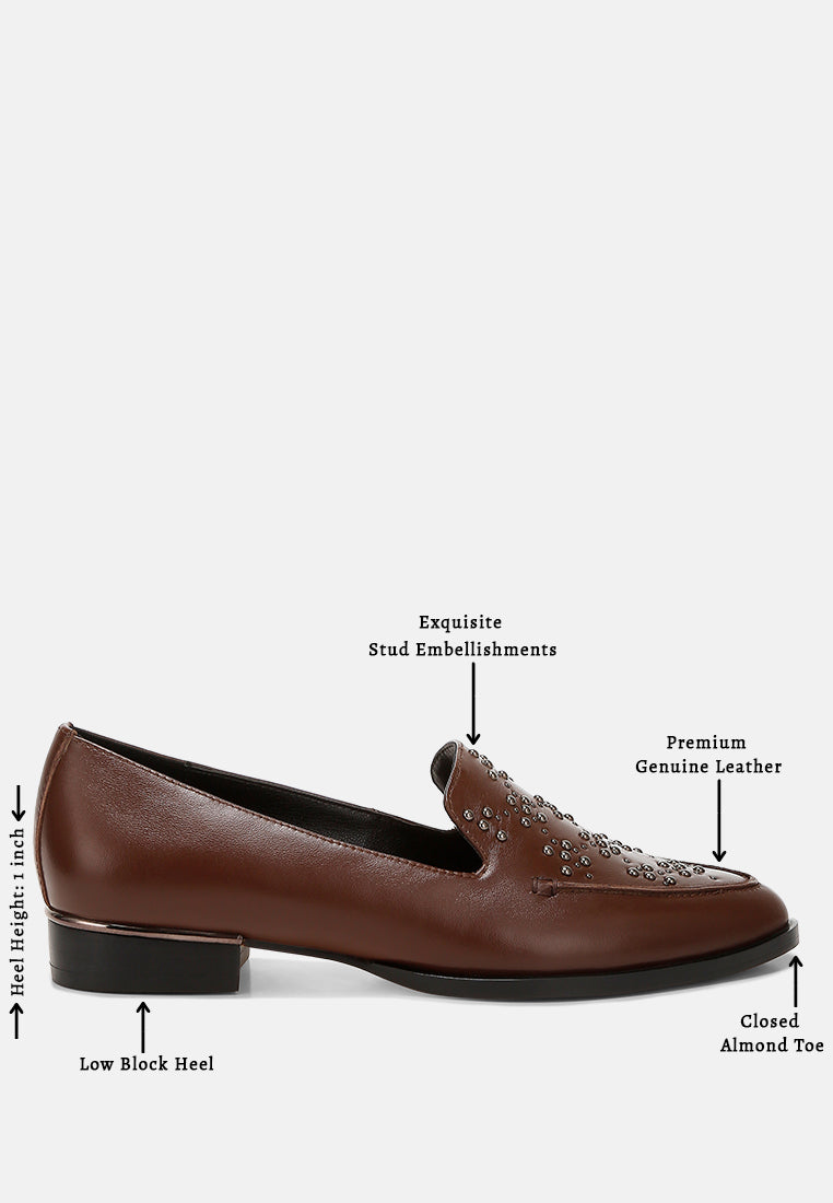 women studded genuine leather loafers#color_brown