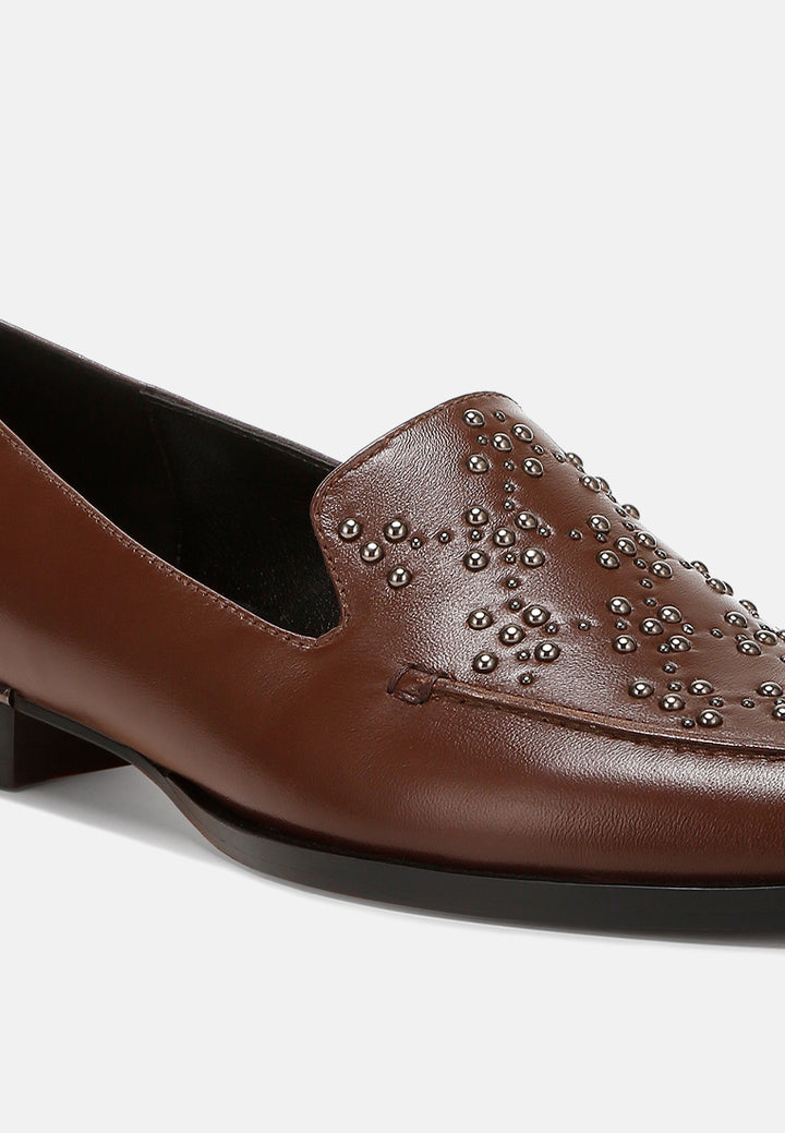 women studded genuine leather loafers#color_brown