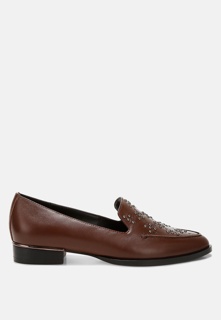 women studded genuine leather loafers#color_brown