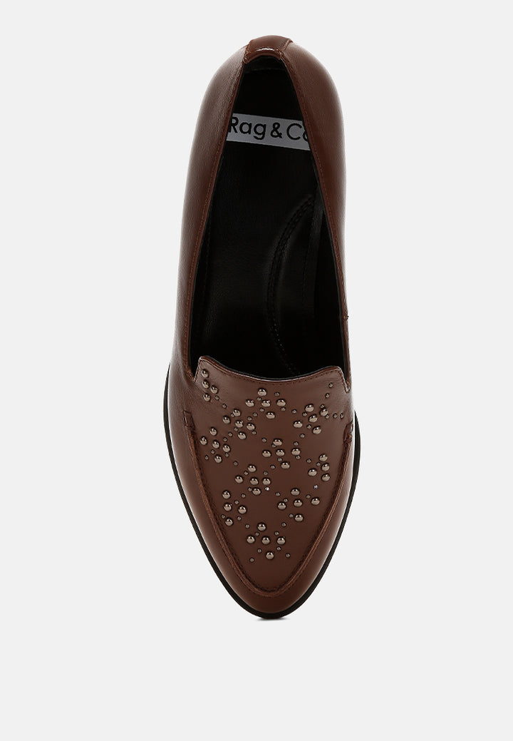 women studded genuine leather loafers#color_brown