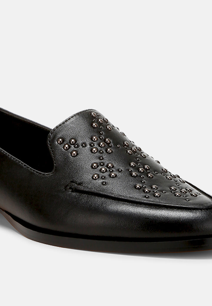 women studded genuine leather loafers#color_black