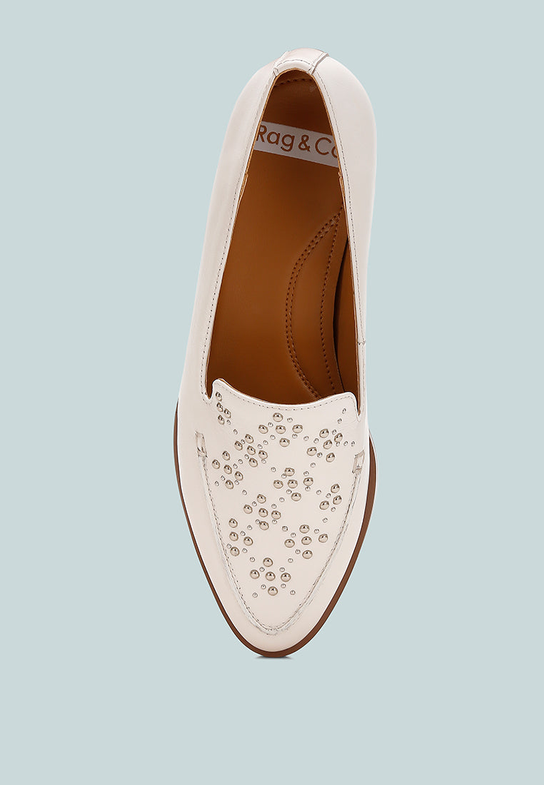 women studded genuine leather loafers#color_white
