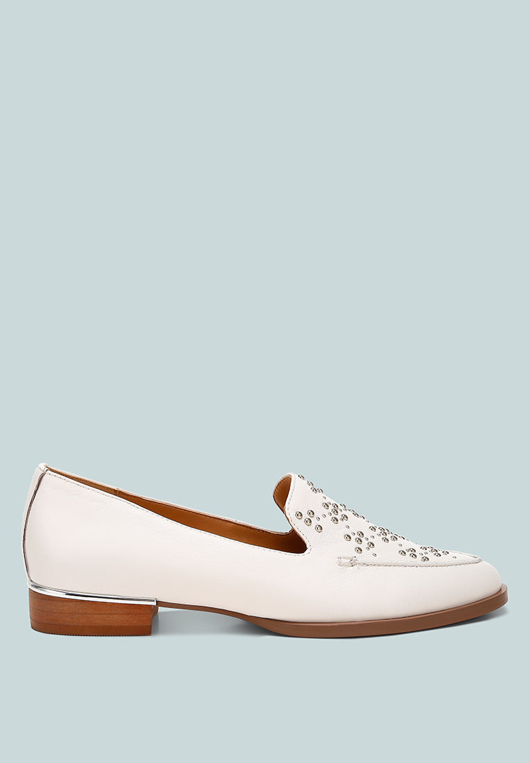 women studded genuine leather loafers#color_white