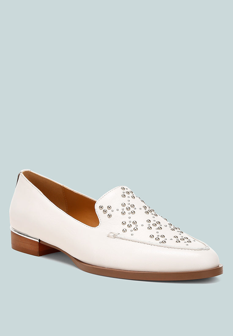 women studded genuine leather loafers#color_white