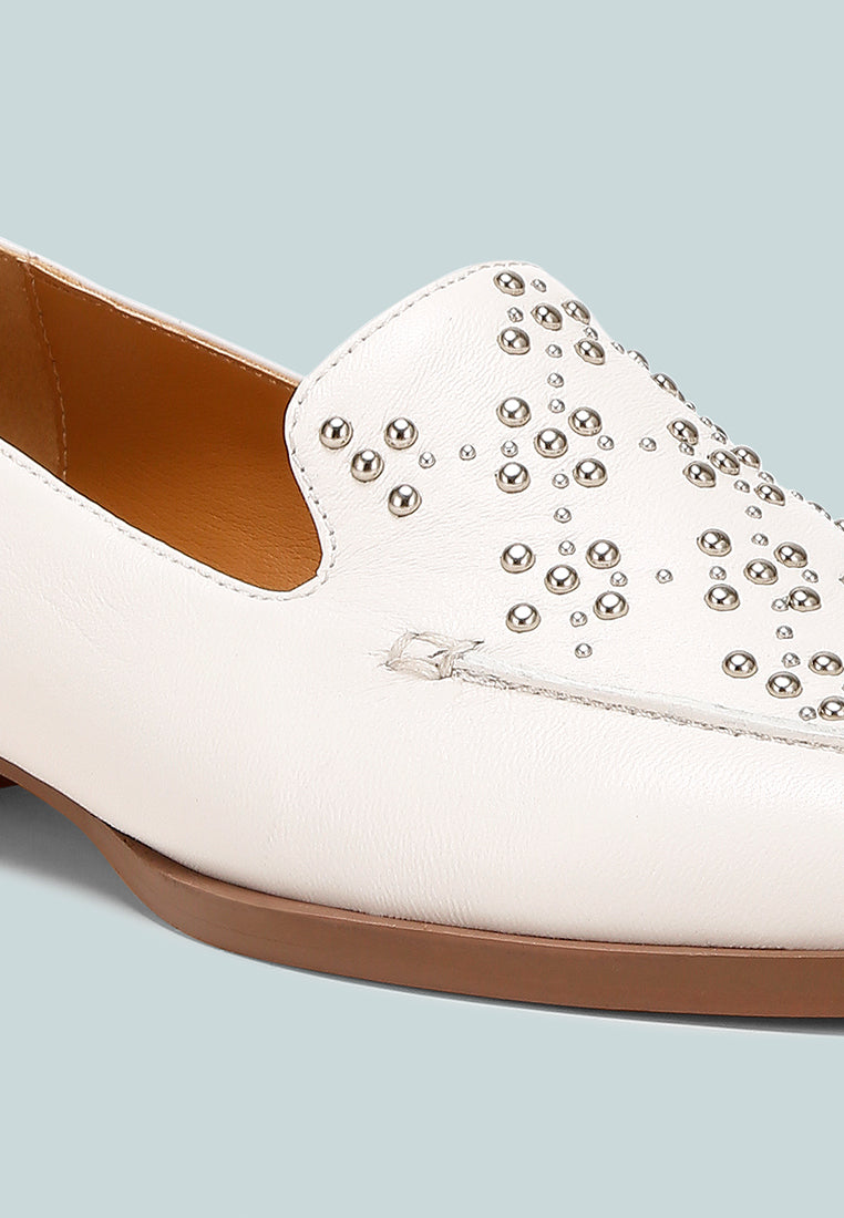 women studded genuine leather loafers#color_white