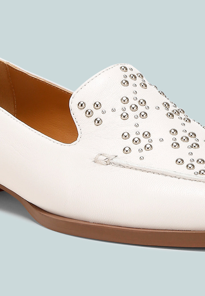 women studded genuine leather loafers#color_white