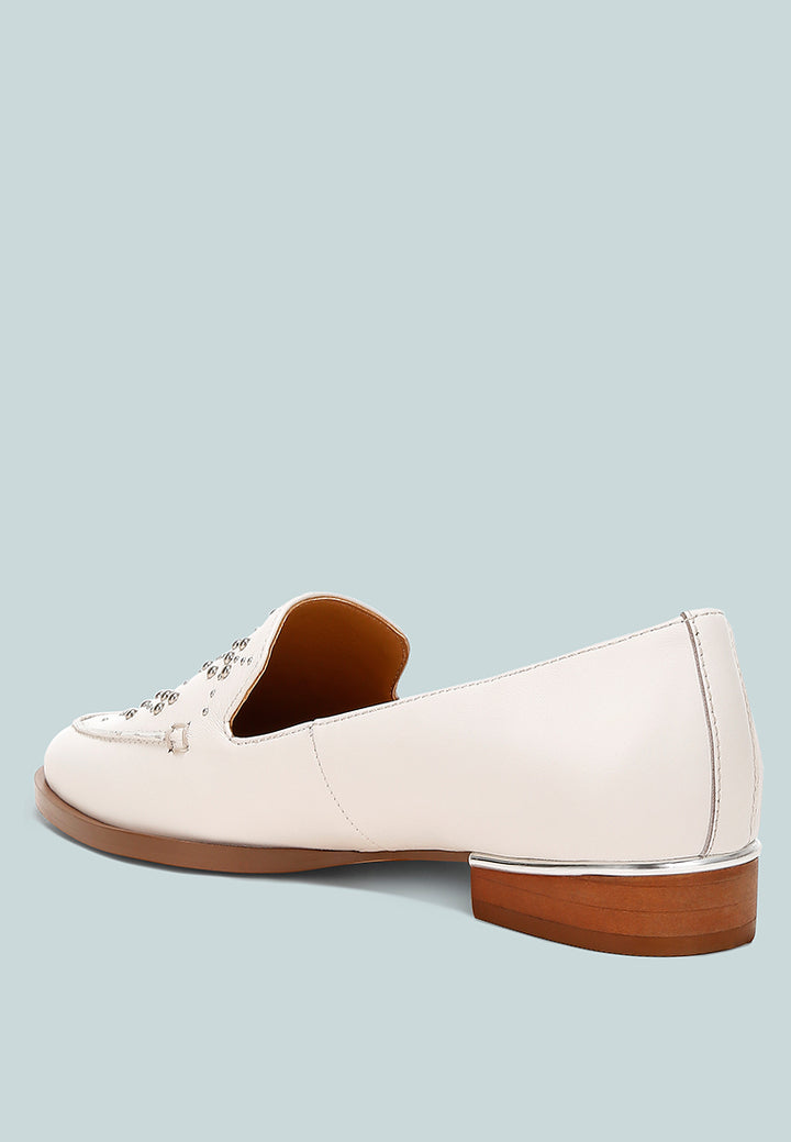 women studded genuine leather loafers#color_white