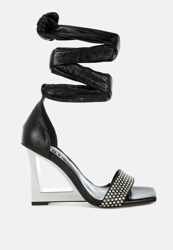 women ab rhinestone studded lace-up fantasy heels#color_black