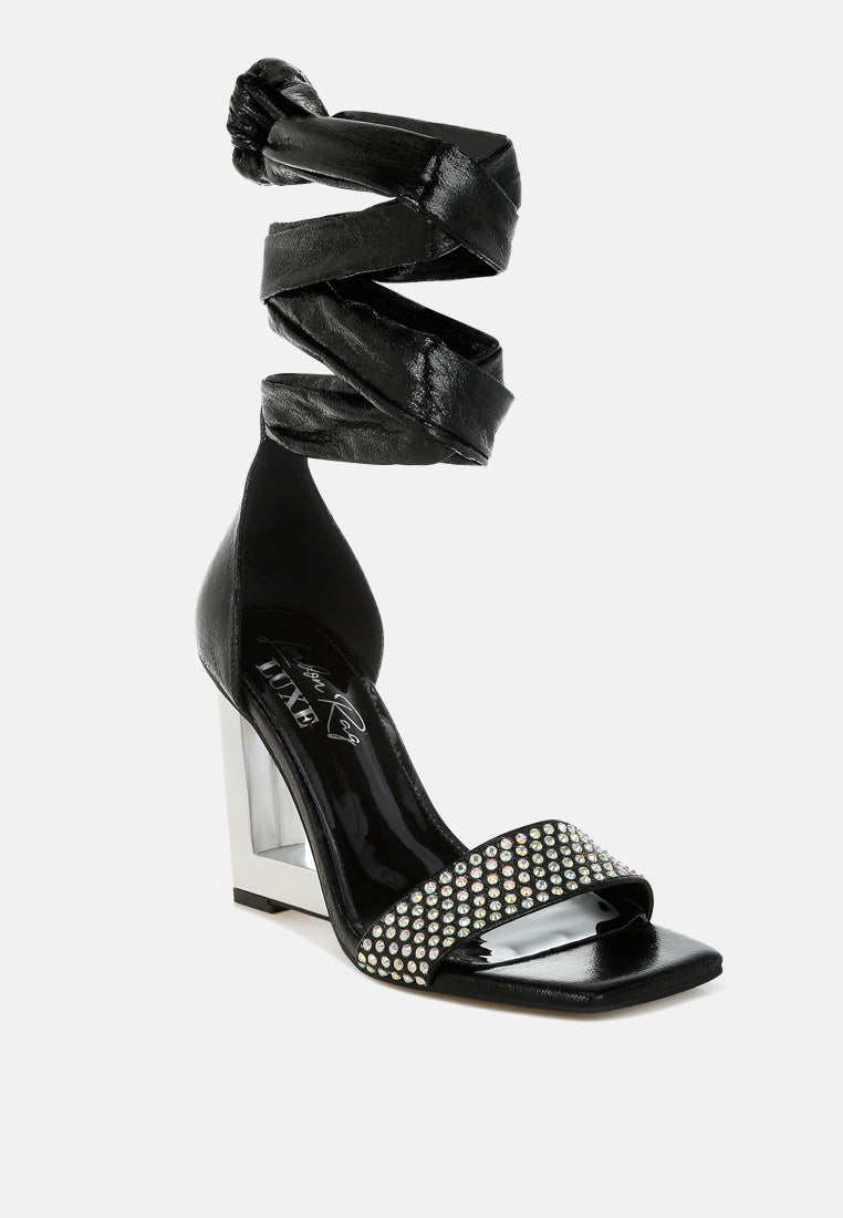 women rhinestone studded lace-up fantasy heels#color_black