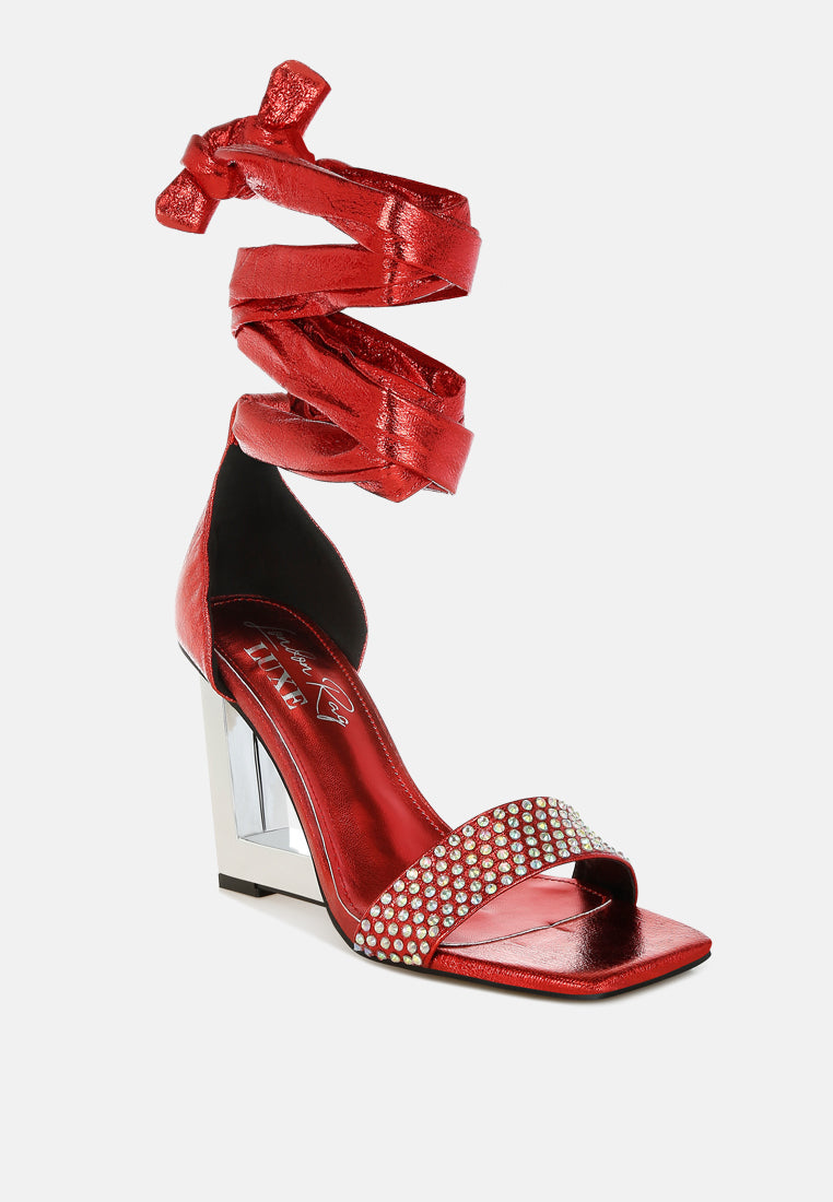 hashira ab rhinestone studded lace-up fantasy heels#color_red