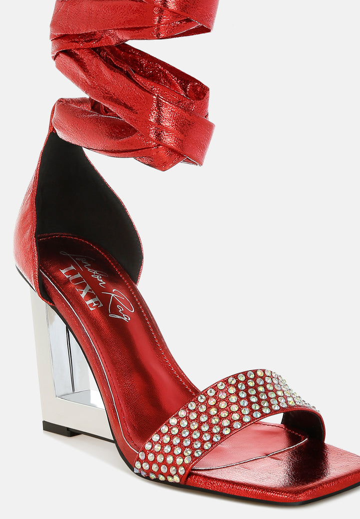 women rhinestone studded lace-up fantasy heels#color_red