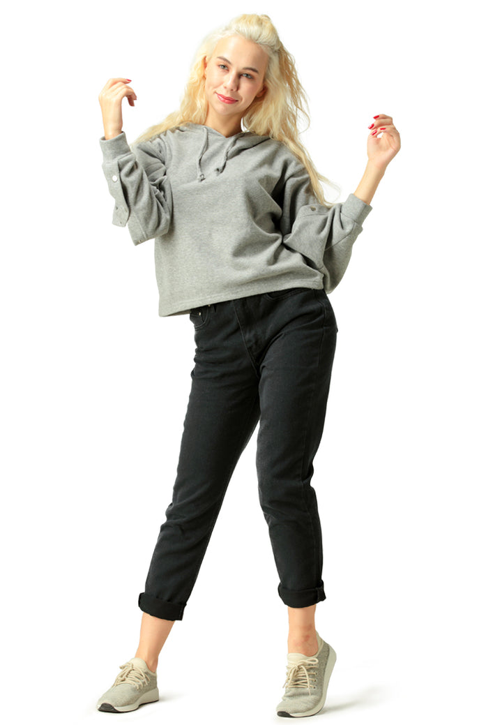 Grey Button Detailed Sleeve Hoodie