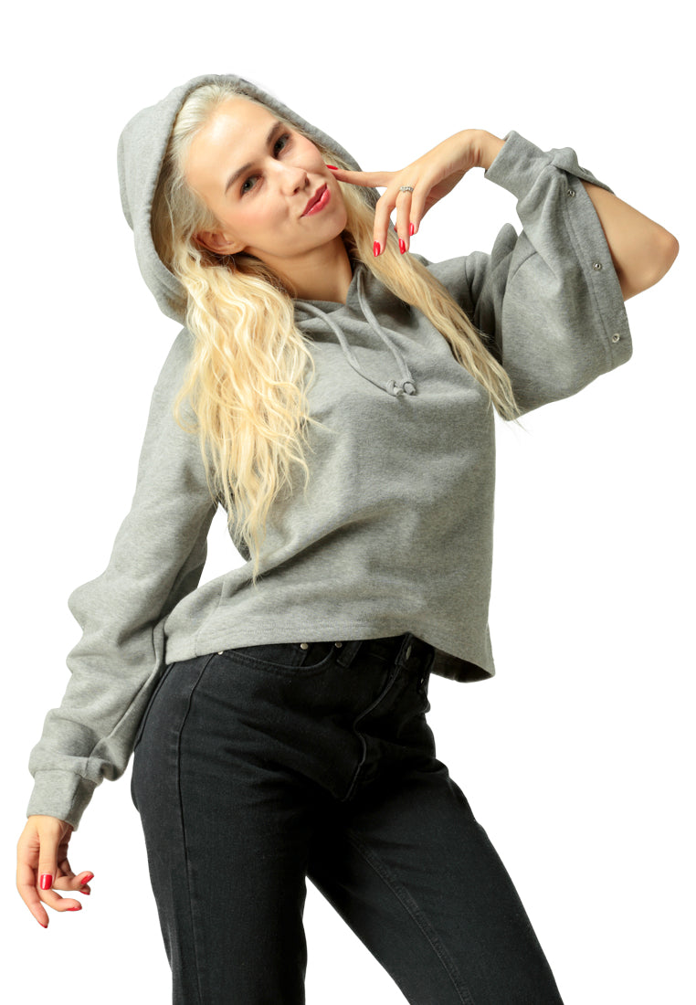 Grey Button Detailed Sleeve Hoodie