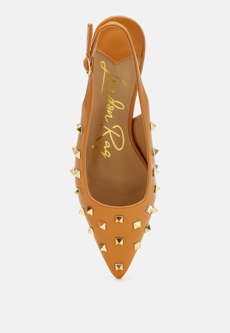 stud embellished kitten heels by ruw#color_tan