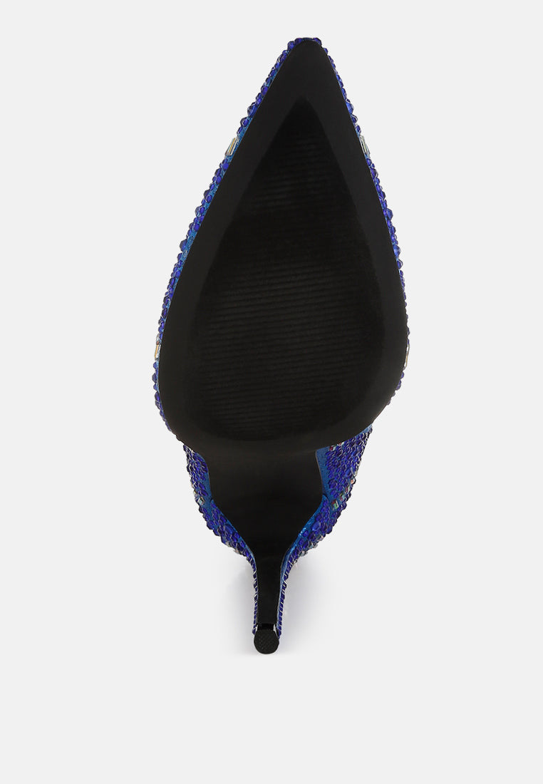 women rhinestones embellished stiletto boots#color_blue