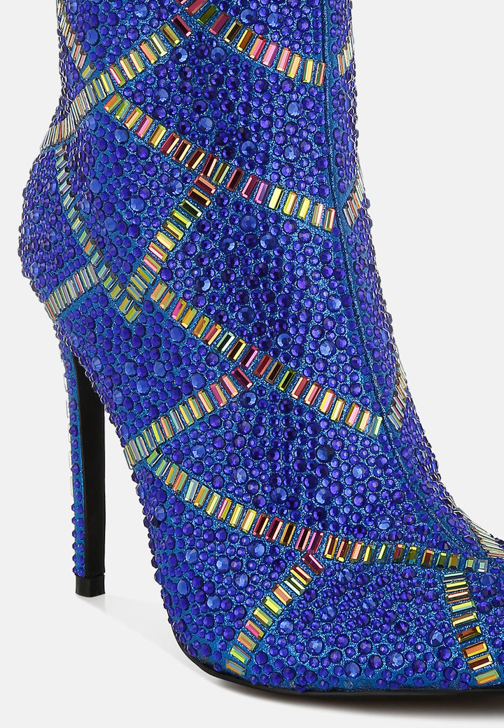 women rhinestones embellished stiletto boots#color_blue
