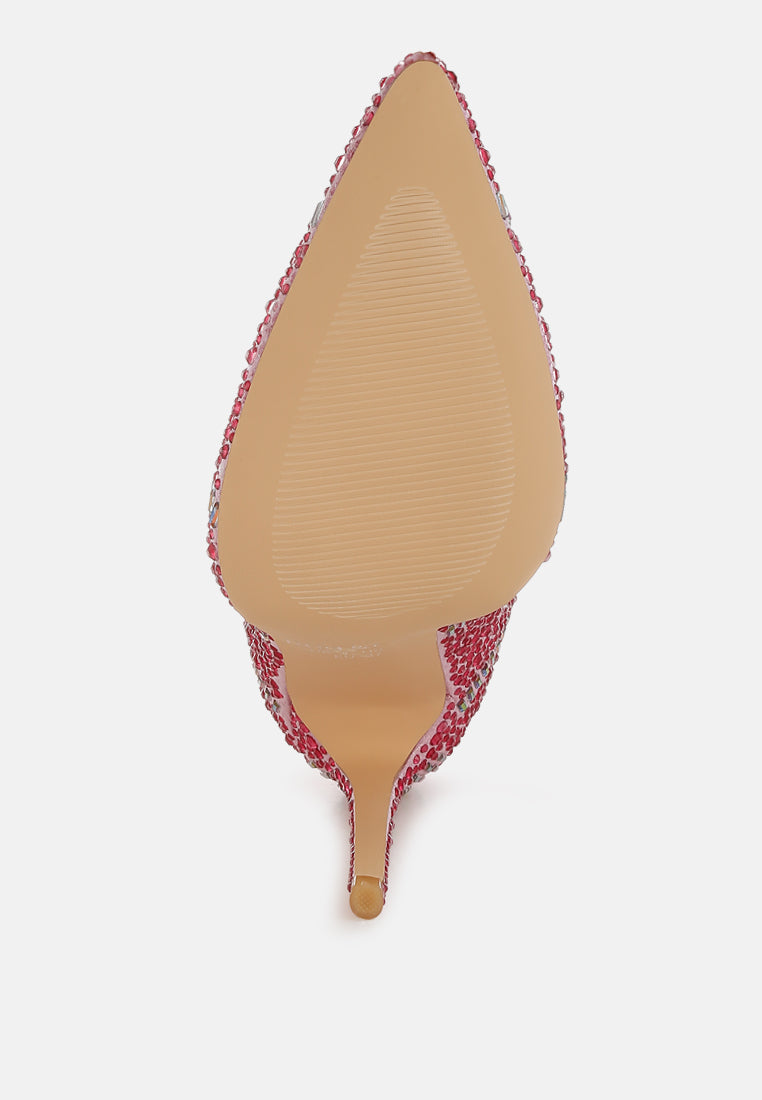 women rhinestones embellished stiletto boots#color_fuchsia