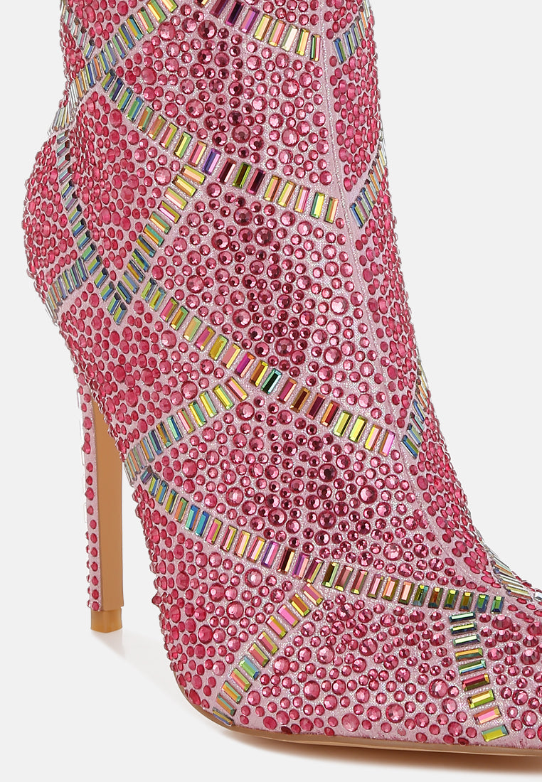 women rhinestones embellished stiletto boots#color_fuchsia