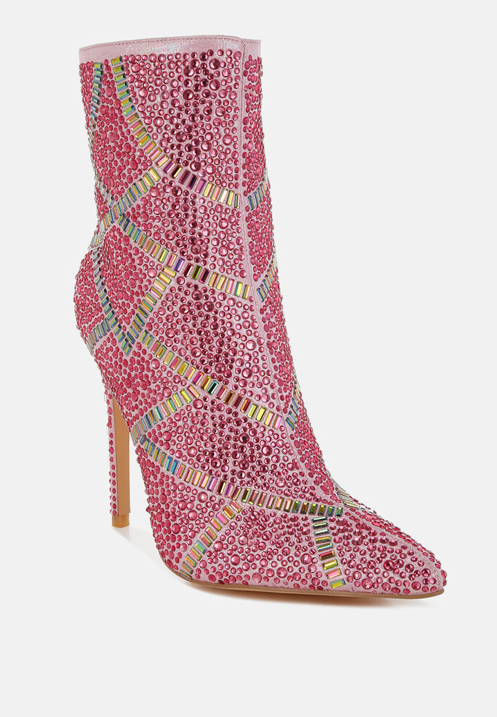 women rhinestones embellished stiletto boots#color_fuchsia