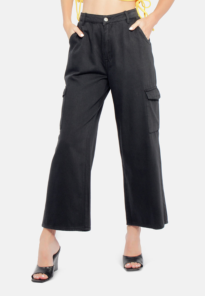 women high waist cargo pocket pants#color_black