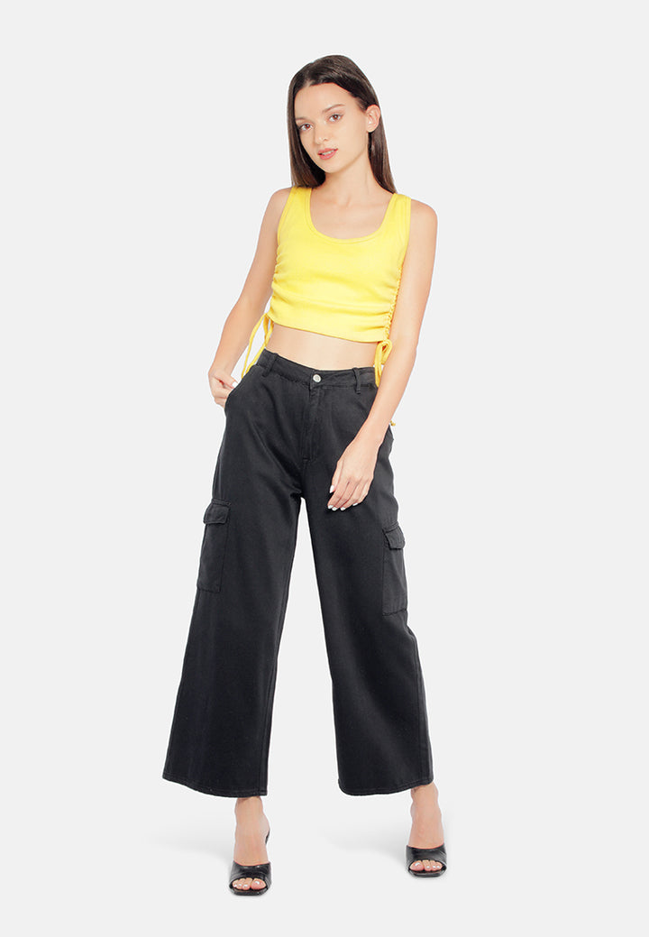women high waist cargo pocket pants#color_black