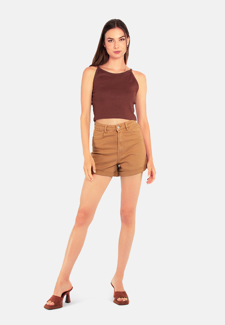 women high waist shorts#color_camel