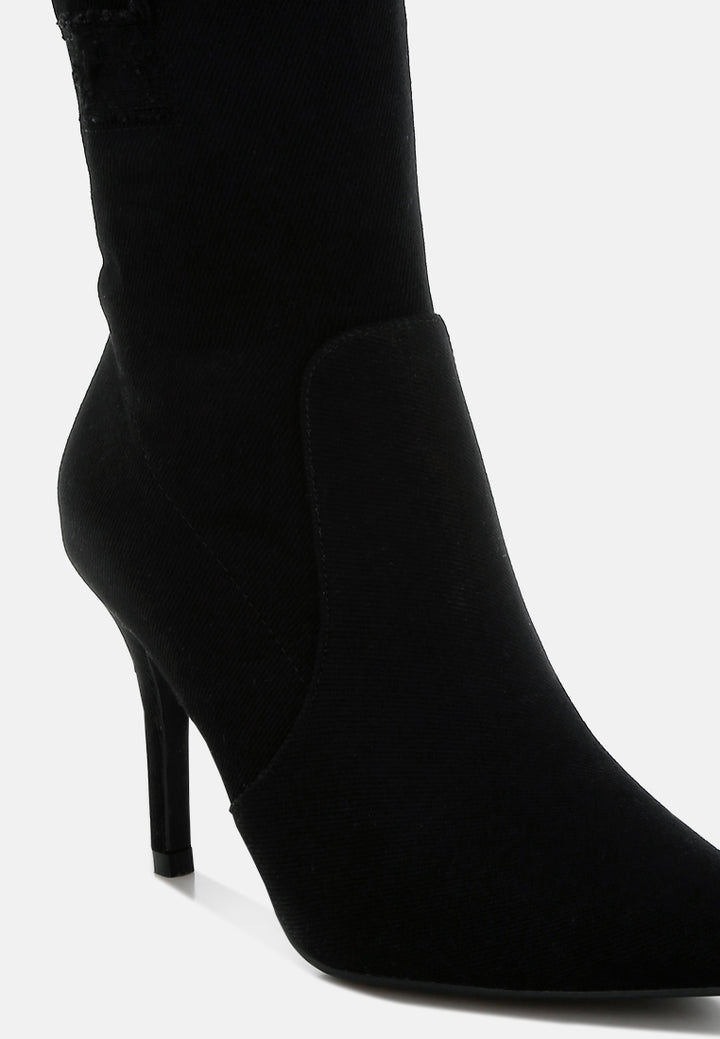 women distressed denim mid-calf boots#color_black