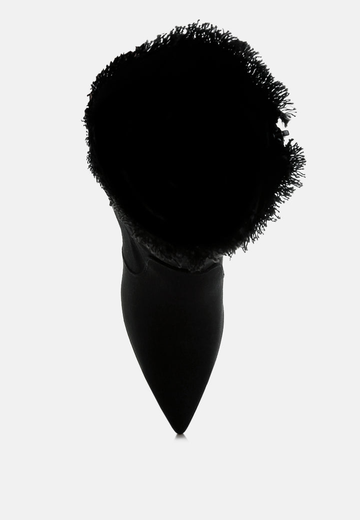 women distressed denim mid-calf boots#color_black