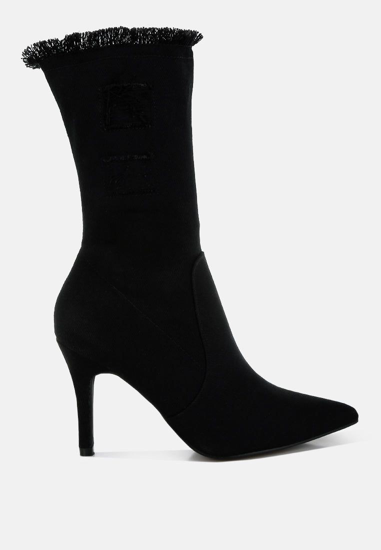 women distressed denim mid-calf boots#color_black