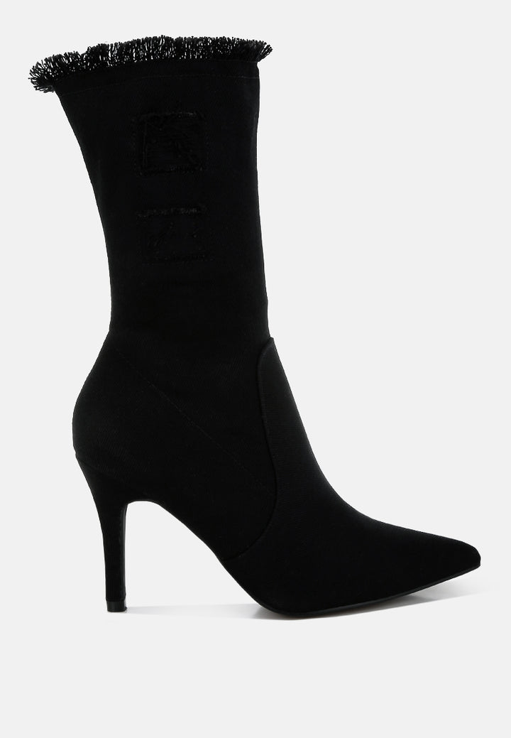 women distressed denim mid-calf boots#color_black