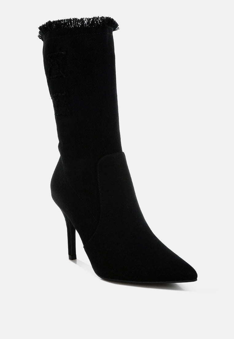 women distressed denim mid-calf boots#color_black