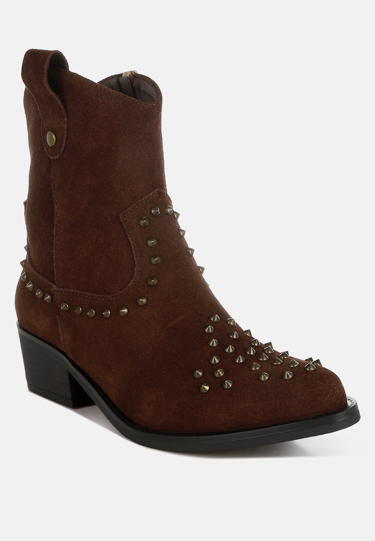 women embellished studs cowboy boots#color_brown