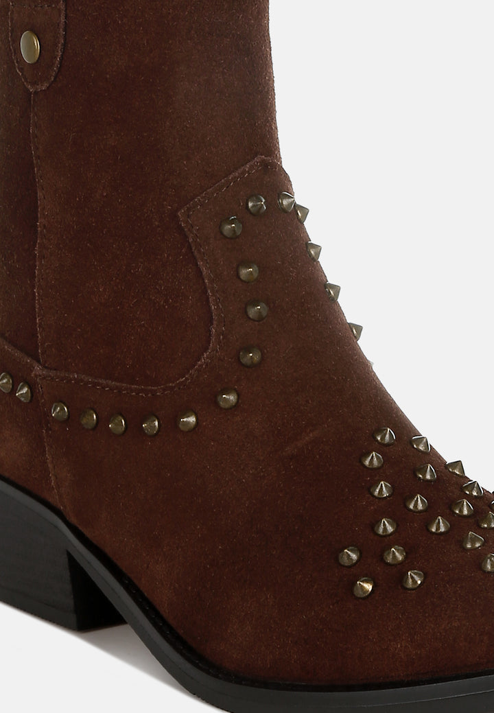 women embellished studs cowboy boots#color_brown