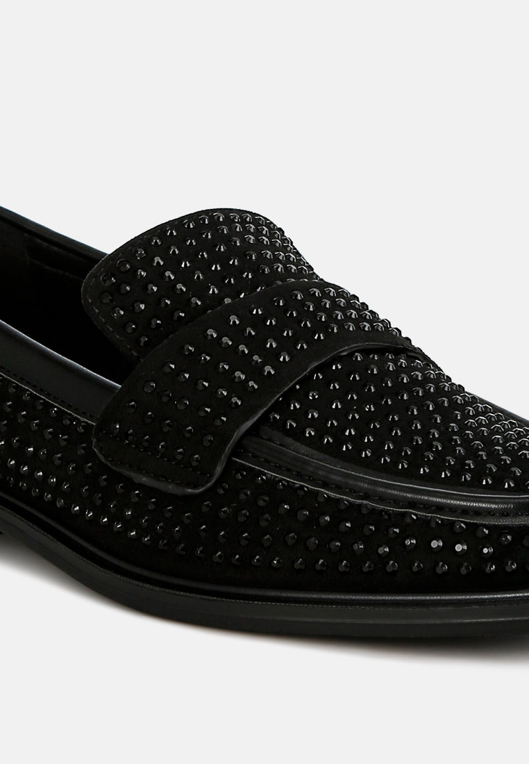 women rhinestones embellished loafers#color_black